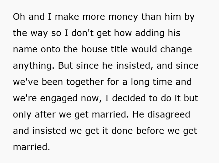 Text message discussing house ownership and relationship disagreements over adding fianc&eacute;'s name to the title.