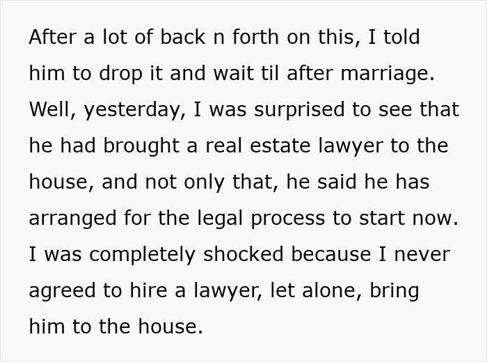 Text on relationship conflict over house ownership and secret lawyer visit.