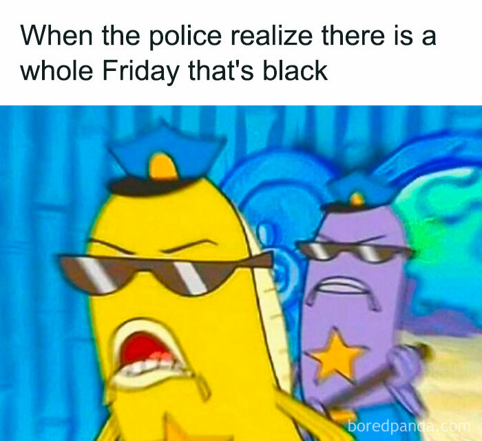 Cartoon police fish in sunglasses reacting humorously to Black Friday.