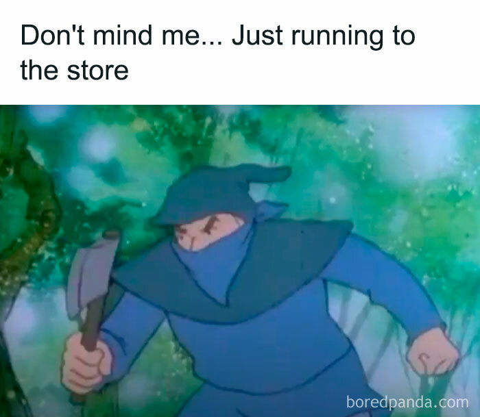 Cartoon ninja running with an axe, humorously capturing Black Friday shopping frenzy.