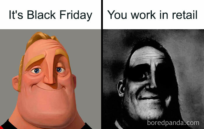 Funny Black Friday meme with cartoon character smiling on left; shadowy face with worried expression on right.