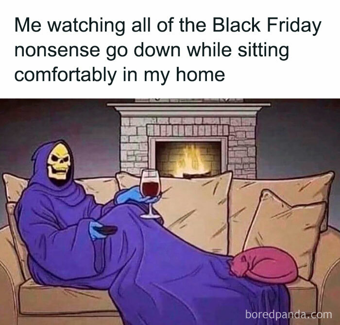 Cartoon skeleton relaxing on a couch with a wine glass, illustrating funny Black Friday memes humor.
