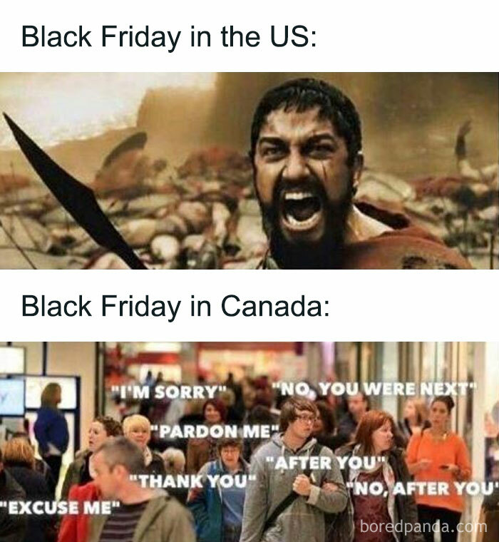 Two-panel meme comparing intense US Black Friday to polite Canadian shopping experience.