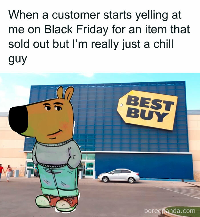 Funny Black Friday meme with a cartoon character standing outside a Best Buy store.