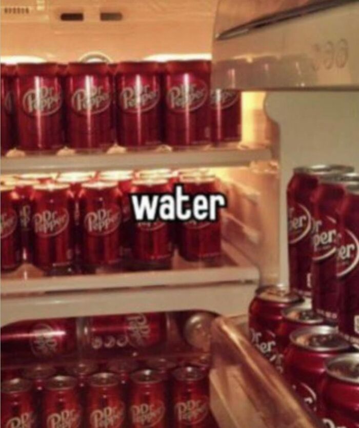 Cans of Dr Pepper fill a fridge, humorously labeled as "water" for chaotic dude fridges.