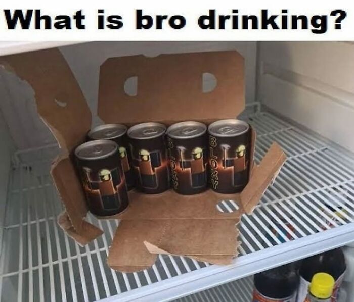 Six cans in an open cardboard pack on a fridge shelf, featured on a chaotic dude fridges Instagram account.