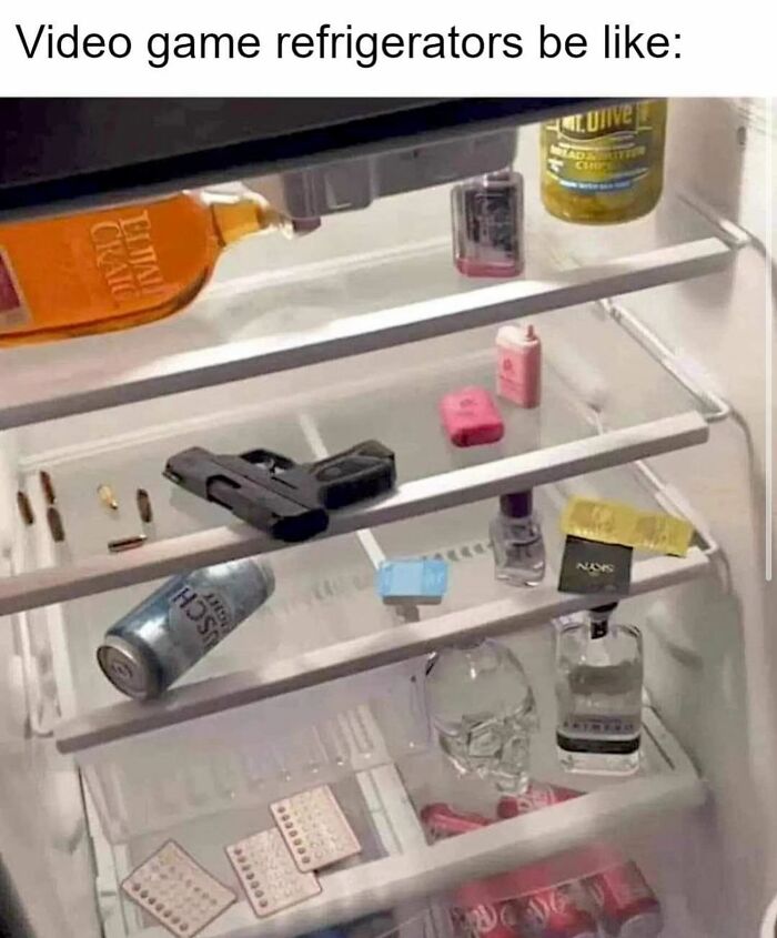 Chaotic 'Dude Fridge' with random items like a handgun, bullets, vodka, and a soda can scattered on refrigerator shelves.