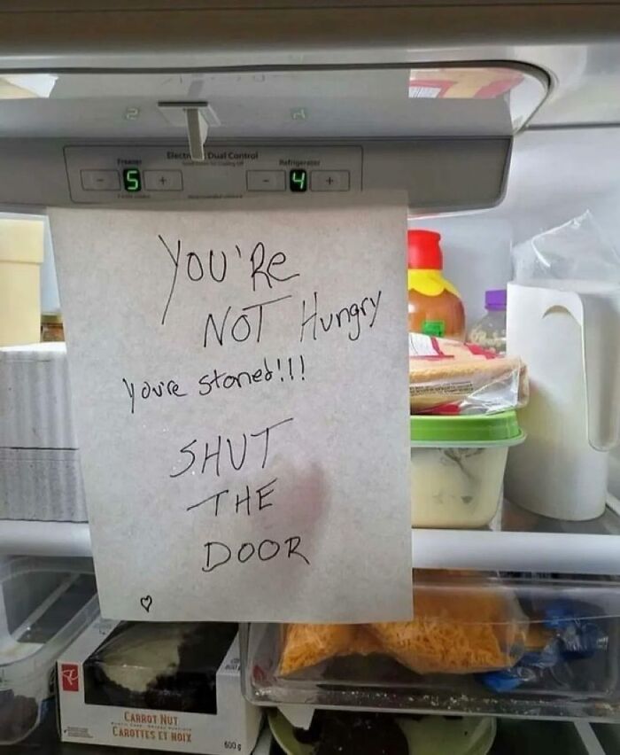 Note on a fridge door with text: "You're not hungry, you're s****d! Shut the door," showcasing a chaotic dude fridge.