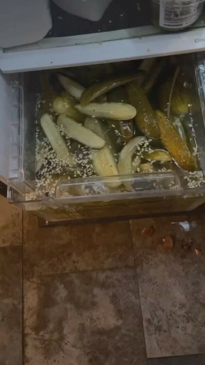 Chaotic fridge drawer filled with pickles and seeds, highlighting a unique 'dude fridge' style from Instagram.