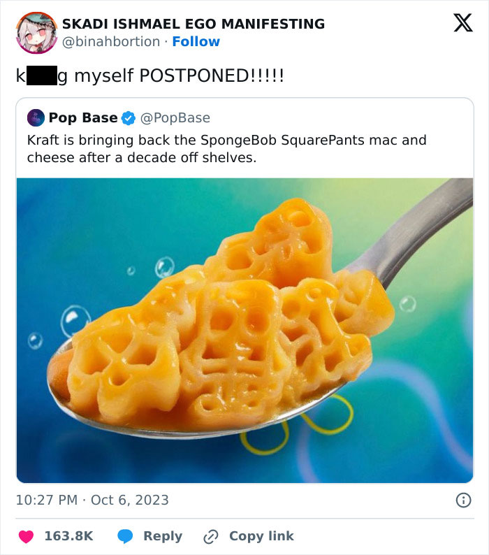 SpongeBob-shaped mac and cheese on a spoon, caption humorously suggesting a change in plans. Funny memes unbruhthered.