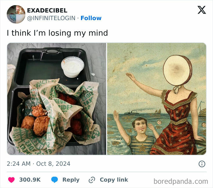 Funny memes juxtaposing chicken wings with a surreal painting of a headless figure.