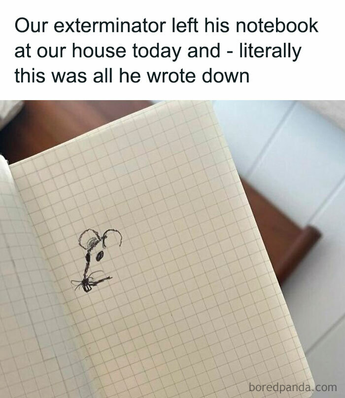 Notebook with a simple mouse sketch, showcasing unbruhthered funny meme humor.