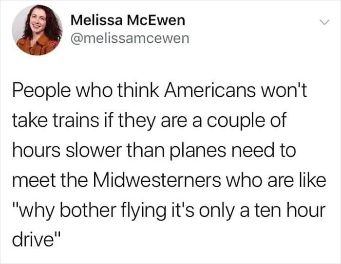A humorous tweet about Midwesterners preferring a ten-hour drive over flying.