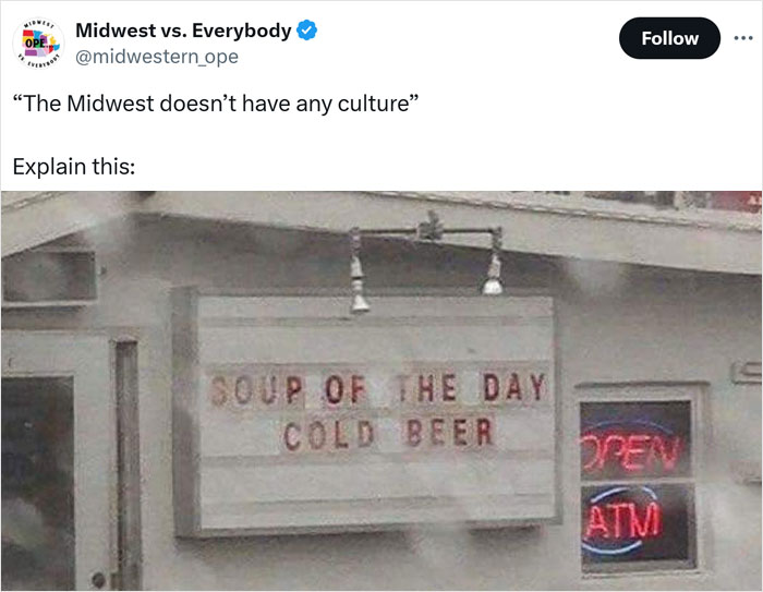 Midwest culture humor with sign: "Soup of the Day, Cold Beer" outside diner, capturing regional uniqueness.