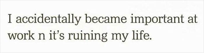 Text meme about becoming important at work causing life challenges, reflecting random funny memes.