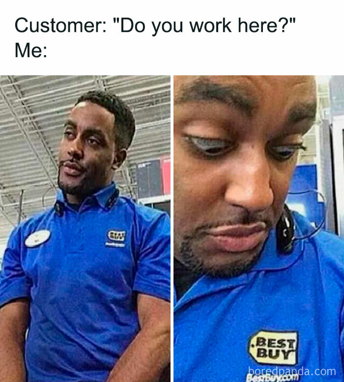 Blue-shirted employee gives a bemused look, capturing a painfully spot-on meme moment at Best Buy.