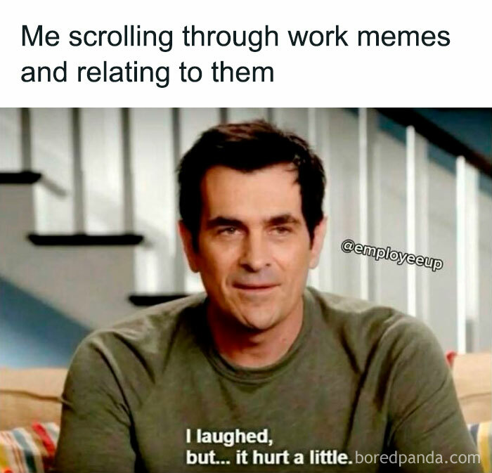 Man reacting to a meme, captioned "I laughed, but it hurt a little," highlighting relatable humor for a coffee break.