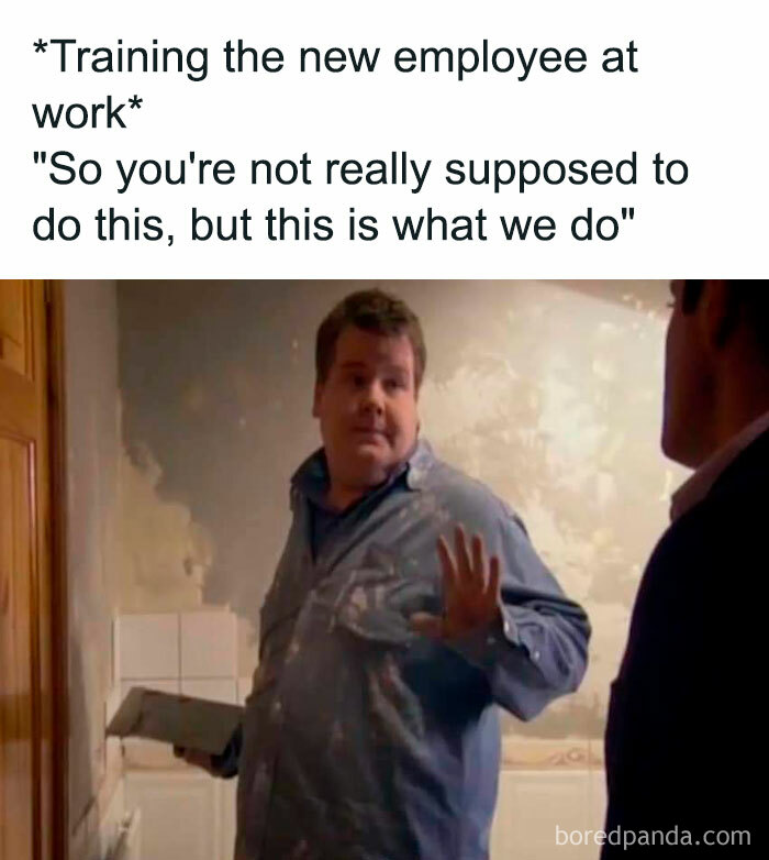 Man humorously teaching a new employee in a workplace setting, illustrating a relatable meme.