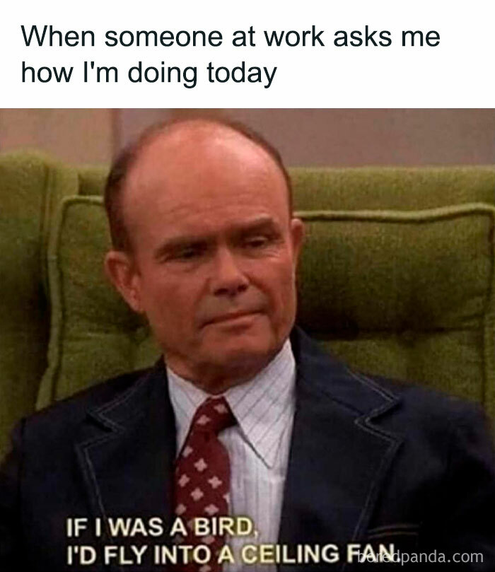 Man in a suit sitting on a green couch, with a caption about work mood, capturing the essence of spot-on memes.