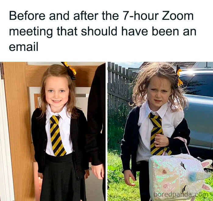 Girl before and after a long Zoom meeting, representing a spot-on meme for coffee break humor.