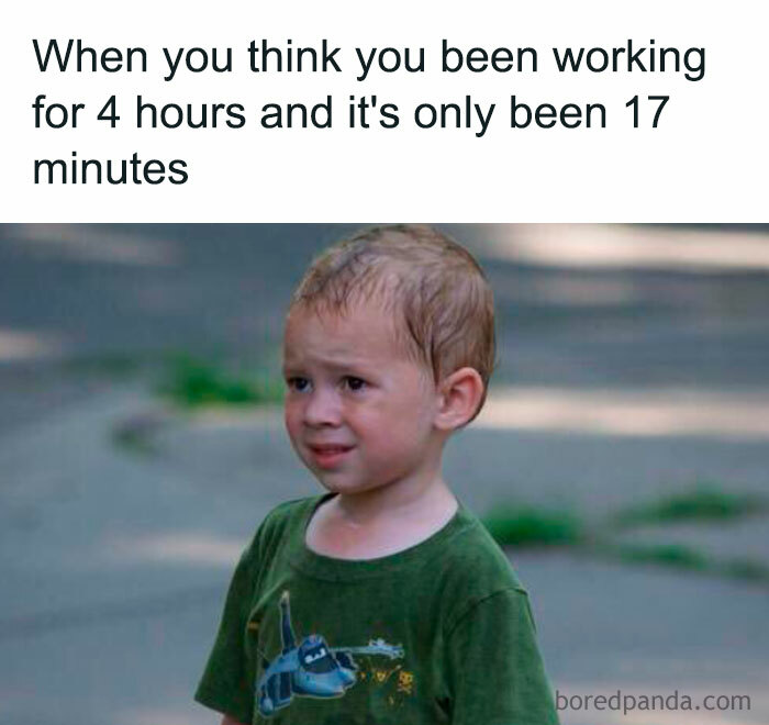 A confused child in a green shirt, embodying a humorous meme about time perception during a coffee break.