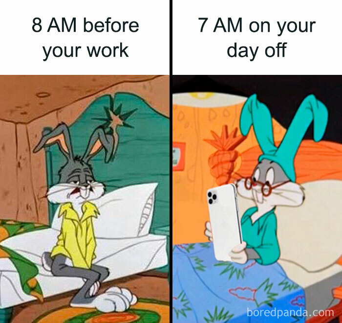 Cartoon character enjoying a relaxed morning on a day off, contrasting workweek exhaustion; perfect meme for coffee break laughs.