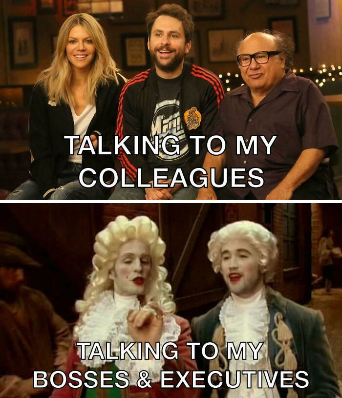 Actors in casual attire and period costumes illustrate funny memes for your coffee break.