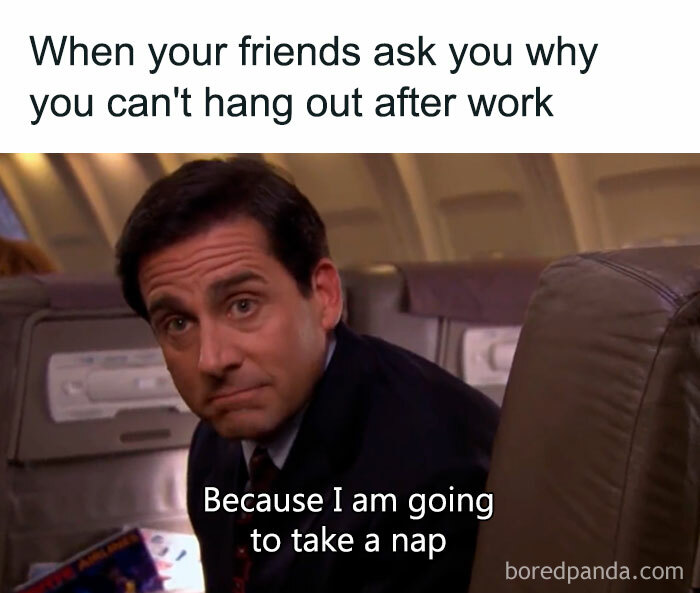 Man on a plane looking tired with a caption about needing a nap, illustrating a relatable meme for coffee break enjoyment.