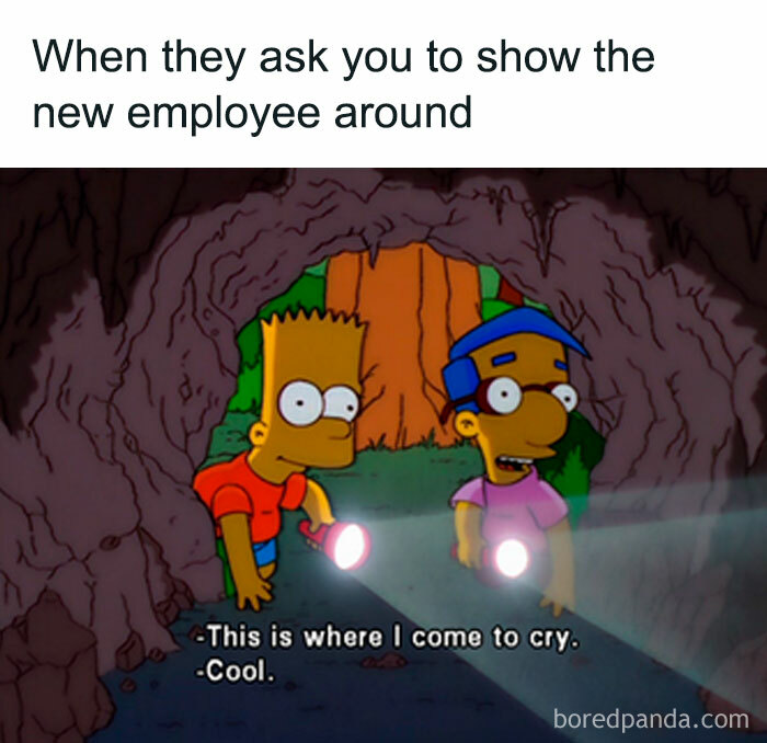 Cartoon characters with flashlights in a cave, humorously discussing a workplace scenario.