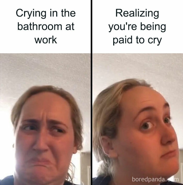 Meme of a woman at work, first crying, then realizing she's paid to cry, capturing relatable workplace humor.