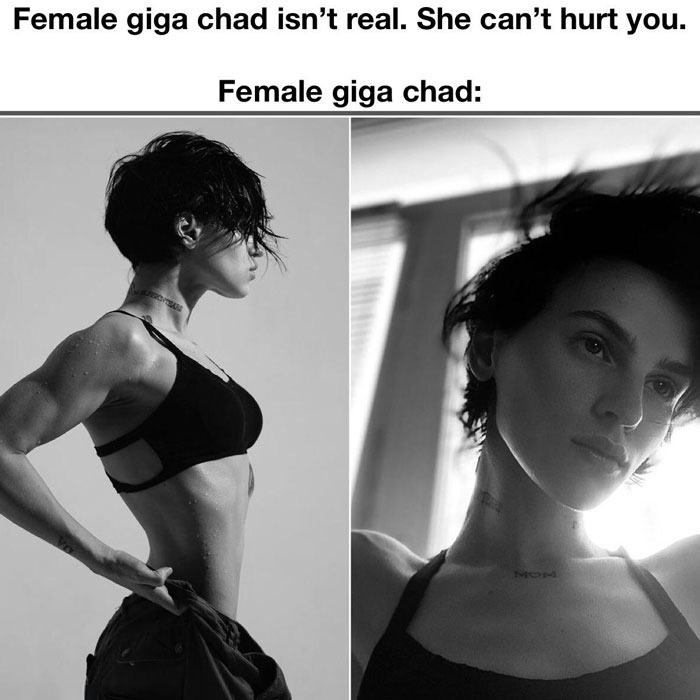 Grayscale meme of a muscular woman, labeled "Female Giga Chad," symbolizing extreme masculinity.