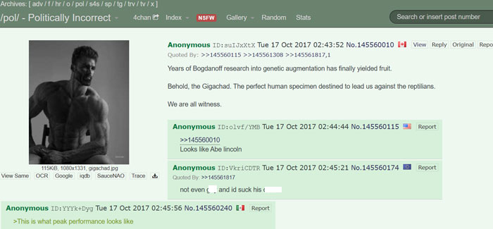 4chan thread with Giga Chad meme, featuring humorous comments on extreme masculinity and peak performance discussion.