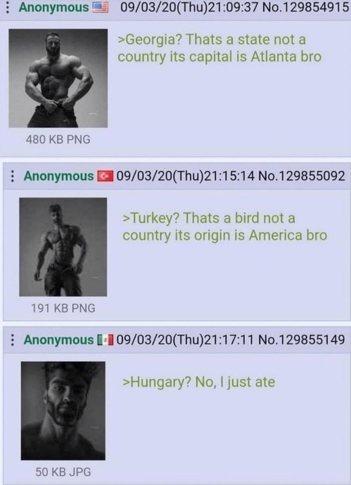 Giga Chad meme humorously reinterprets Georgia, Turkey, Hungary as non-geographic terms.