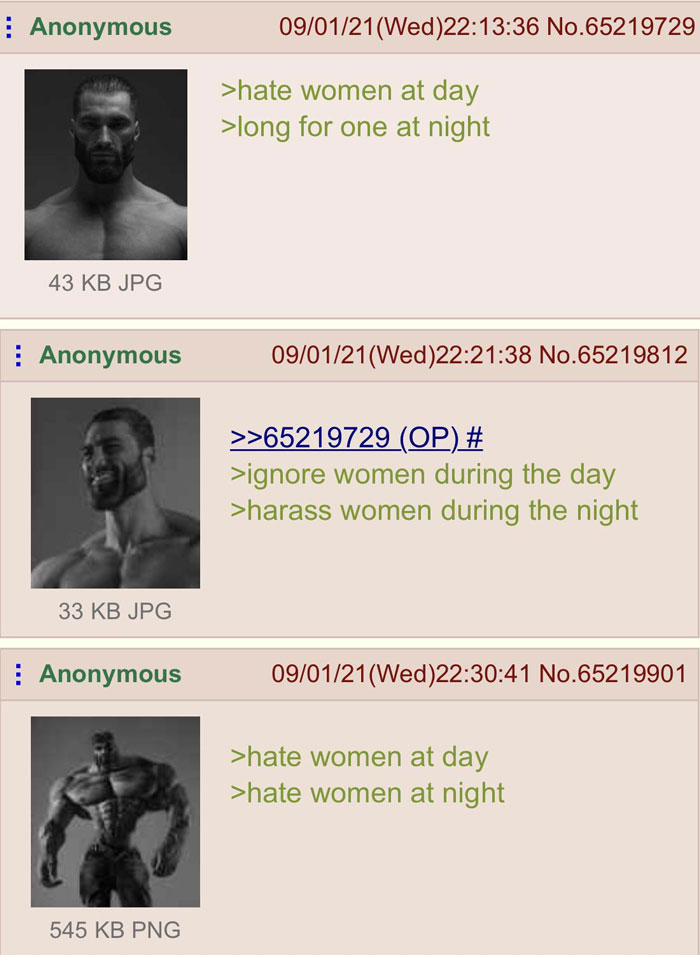 4chan thread with Giga Chad meme images and humorous captions on attitudes toward women.