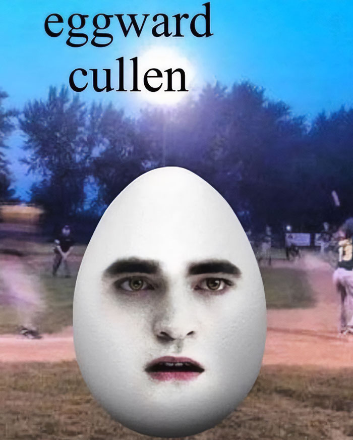 Egg with a human face and text "Eggward Cullen" as part of goofy memes humor against a baseball field backdrop.