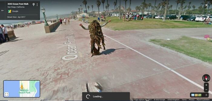 Person in a costume resembling seaweed as seen on Google Street View near Ocean Front Walk in San Diego.