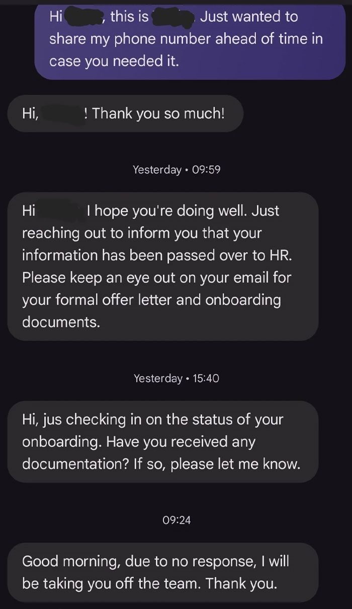 Text messages about being fired before starting, discussing onboarding and missing documentation response.