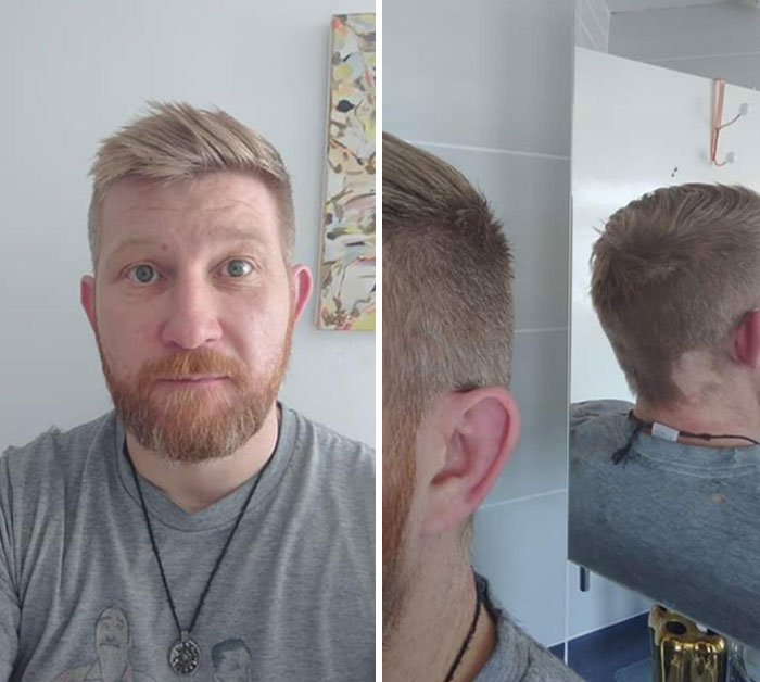 Man with uneven haircut and dyed hair, showing hair-cutting-dyeing-fails from front and back view in a bathroom.