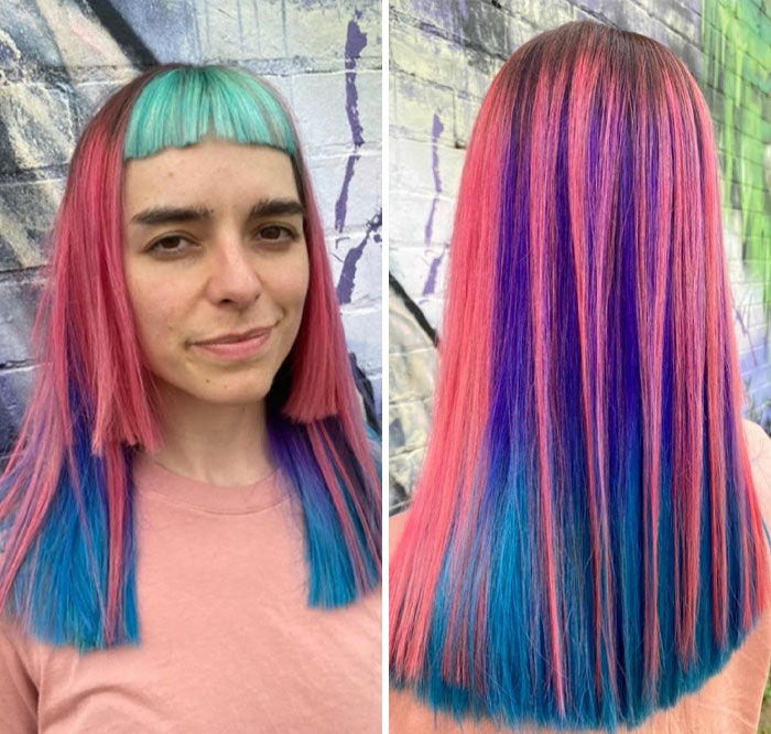 Colorful hair with uneven cutting and dye mishap; a vivid example of hair-cutting-dyeing-fails.