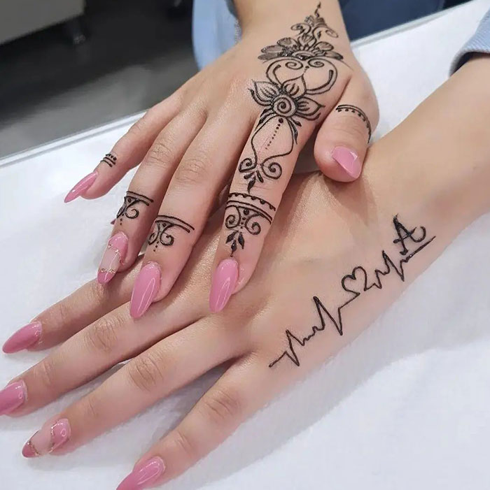 Henna tattoo design on hands with intricate patterns and heart symbol, showcasing stunning henna art.