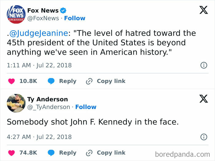 Fox News and Ty Anderson tweets compared in a humorous historical meme.