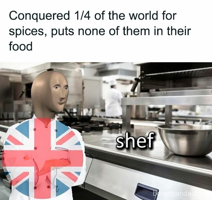 Historical meme with a British chef in a kitchen, highlighting irony about spice use.