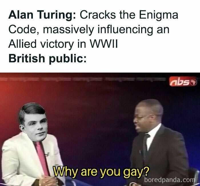 Hilarious historical meme with Alan Turing's face on a TV show host, humorously addressing historical ignorance.