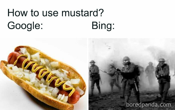 Historical memes comparing Google and Bing searches for mustard with a hot dog and soldiers.