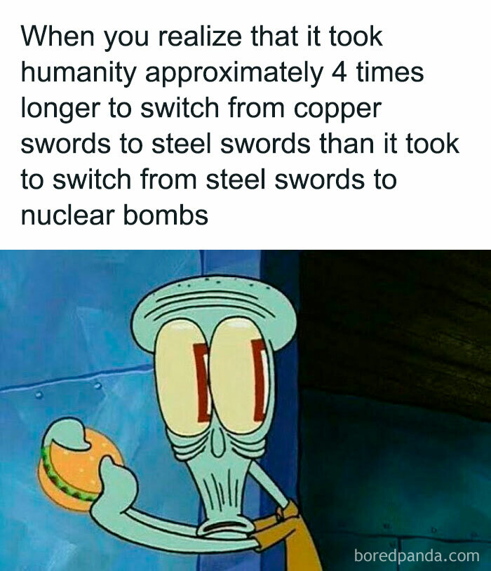 Humorous historical meme with cartoon character surprised while holding a burger.