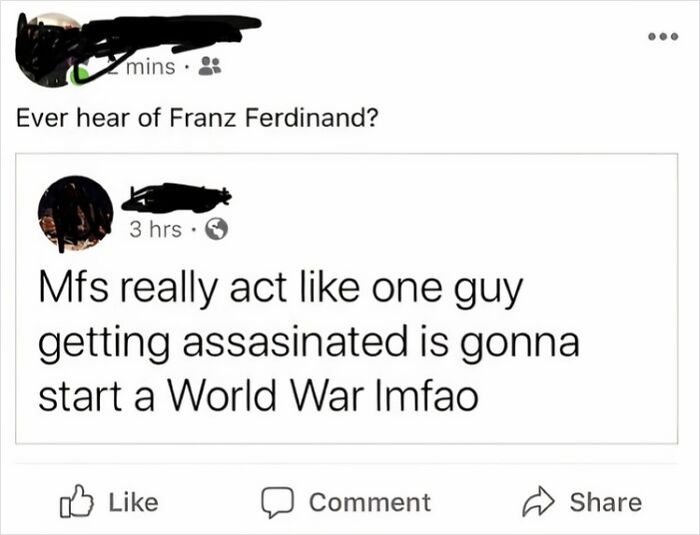 Historical meme about Franz Ferdinand's assassination leading to World War I, with a humorous Facebook post format.