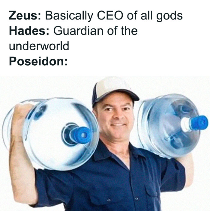 Man holding water jugs as Poseidon in a historically accurate meme.