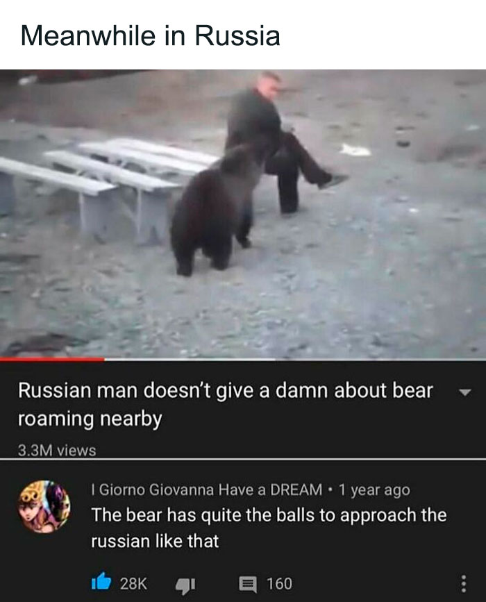 A bear approaches a sitting man in Russia, as a humorous historical meme garners attention online.