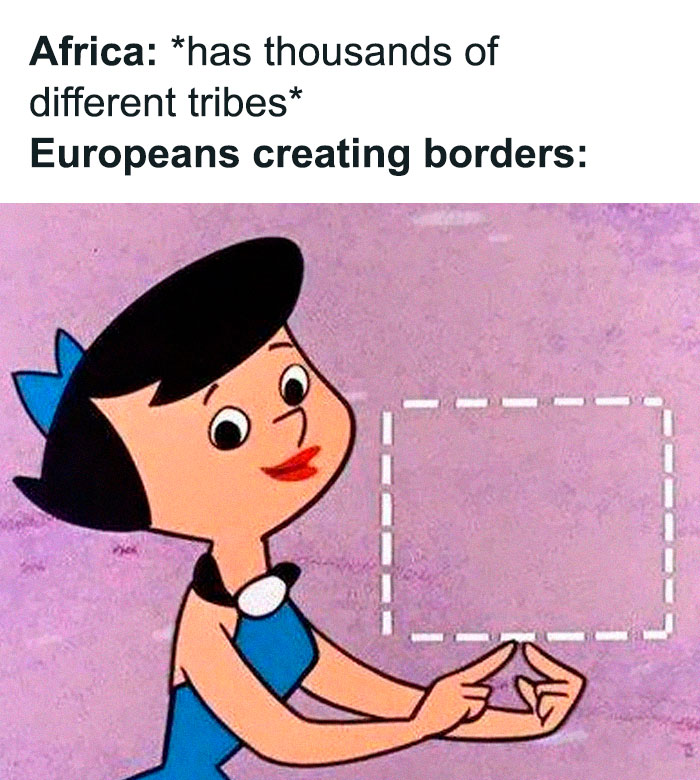 Cartoon character humorously illustrating historically inaccurate border creation meme.