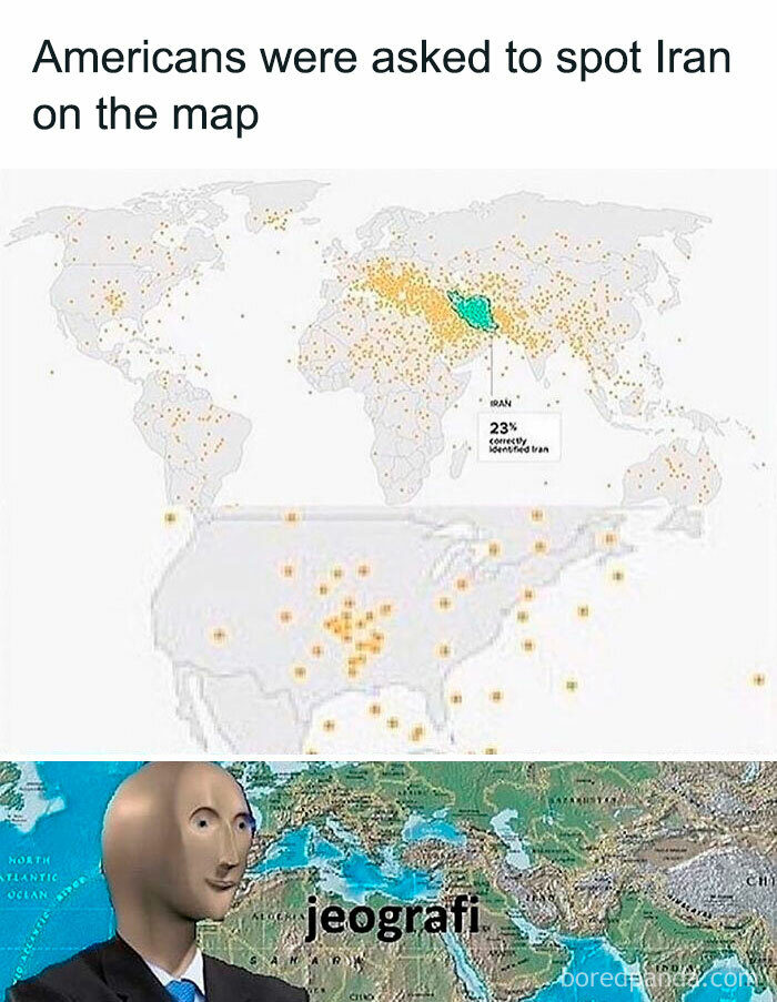 Hilarious historical meme of Americans trying to locate Iran on a map, with a humorous depiction of a geographic challenge.